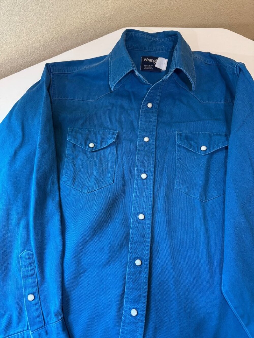 Vintage Wrangler Mens Blue Western Pearl Snap Button Shirt Regular Fit Size 17-3
